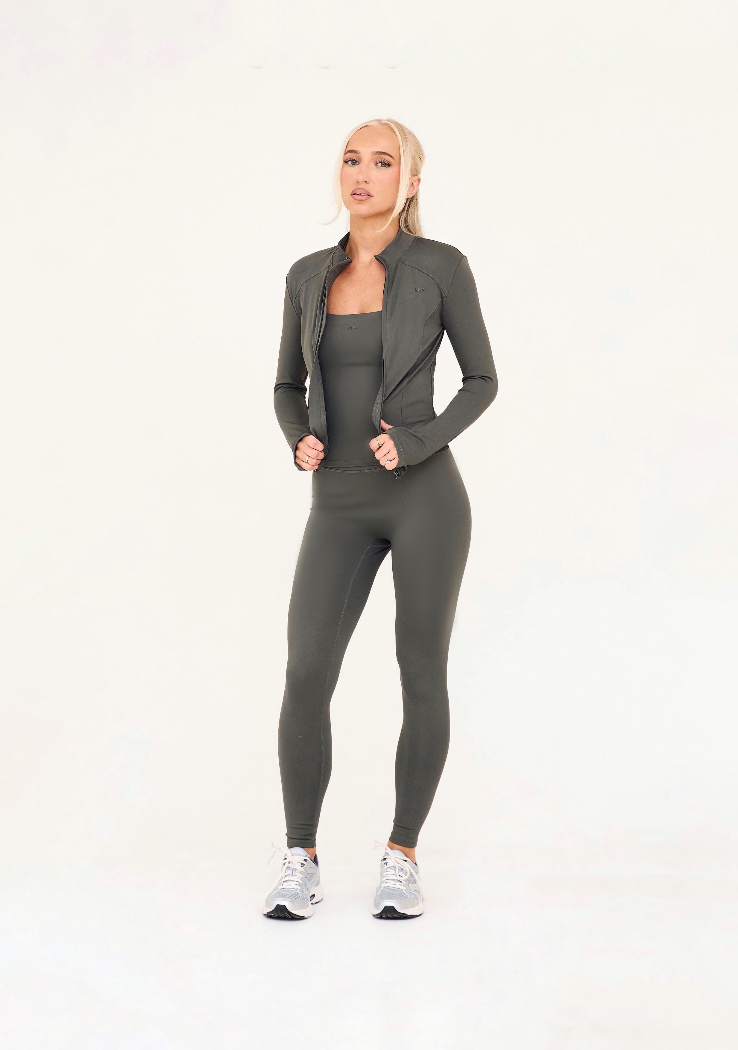 MDA Core Olive 3 Piece Halter Set - Zip Up Jacket / Halter Top / Wrap Leggings