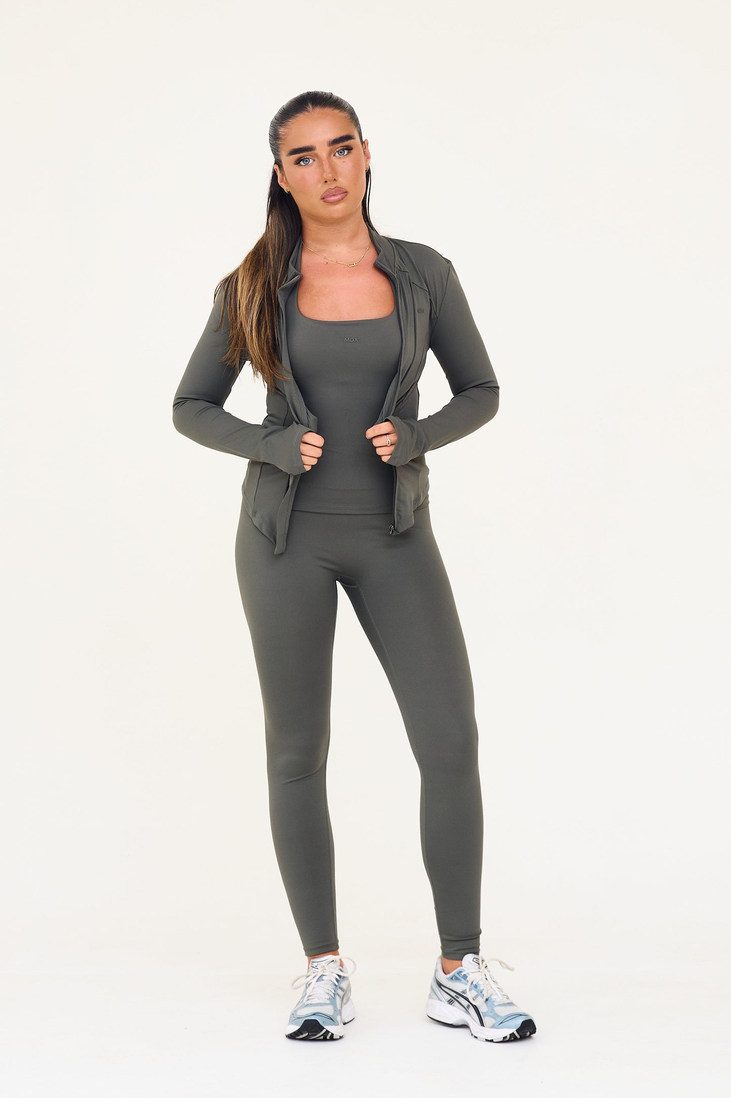 MDA Core Olive 3 Piece Halter Set - Zip Up Jacket / Halter Top / Wrap Leggings from DripModa