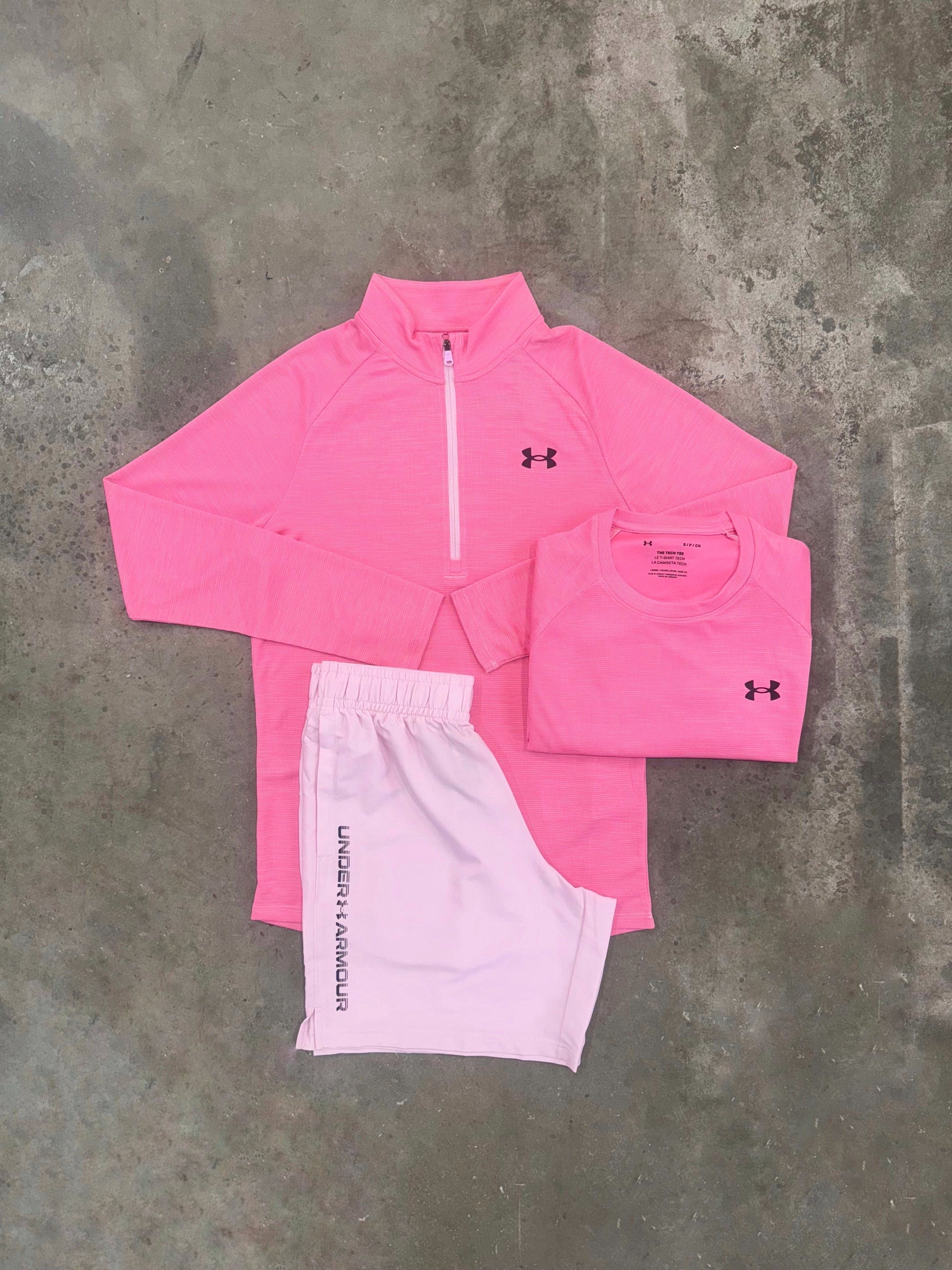 Under Armour Textured Pink 3 Piece Set - Quarter Zip / T Shirt / Short