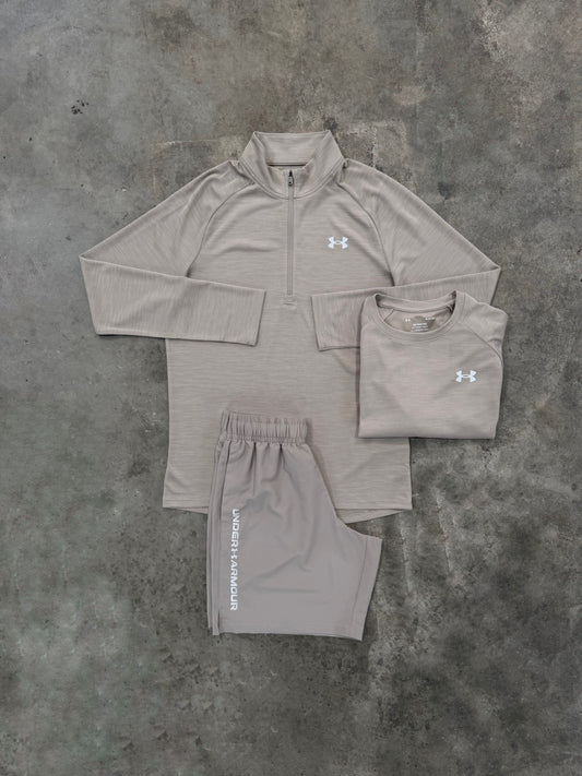 Under Armour Textured Brown 3 Piece Set - Quarter Zip / T Shirt / Short