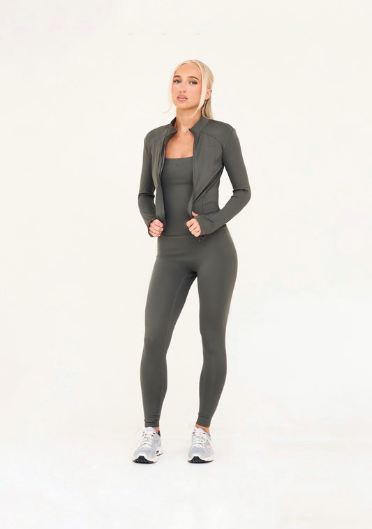 MDA Core Olive 3 Piece Halter Set - Zip Up Jacket / Halter Top / Wrap Leggings