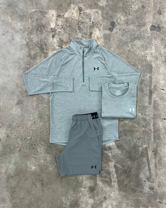 Under Armour Textured Green 3 Piece Set - Quarter Zip / T Shirt / Short