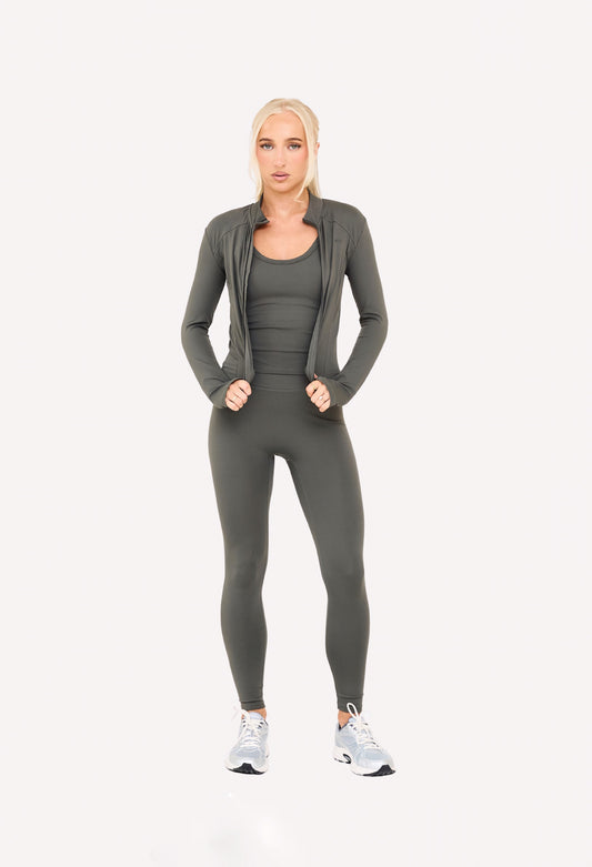 MDA Core Olive 3 Piece Sculpt Set - Zip Up Jacket / Vest Top / Wrap Leggings