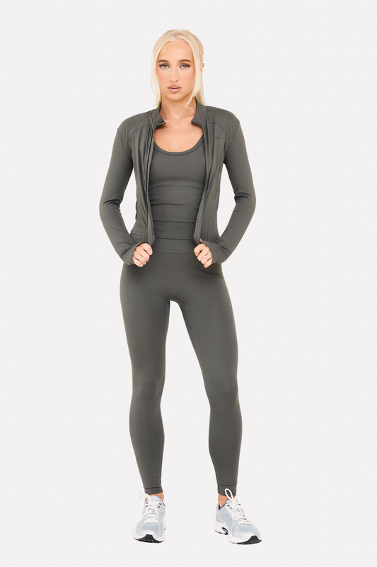 MDA Core Olive 3 Piece Sculpt Set - Zip Up Jacket / Vest Top / Wrap Leggings from DripModa